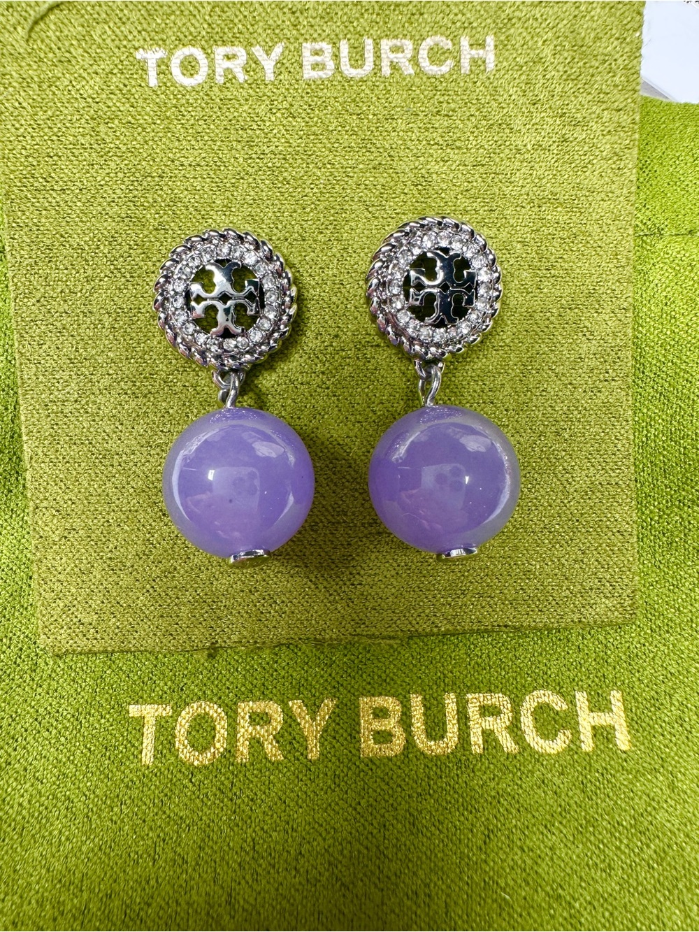 Tory Burch Lavender Resin Drop Earrings with Silver-Tone Logo